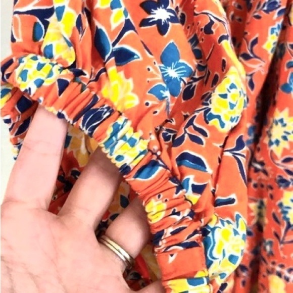True Destiny, Smocked, Off-Shoulder Cotton Floral Dress Orange Boho,Size M - Picture 4 of 11